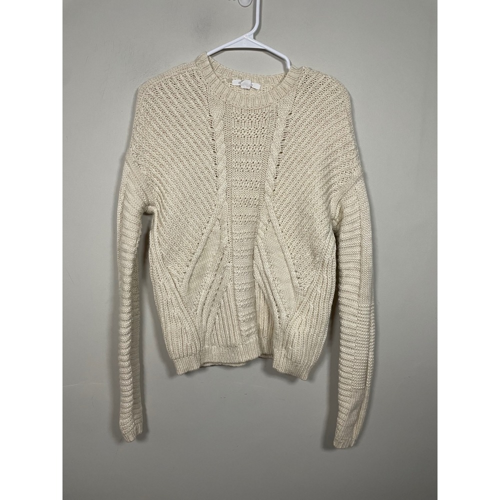 Duffy Fisherman Knit Merino Wool Crew Neck Sweater in Cream Size XS Cozy Fall